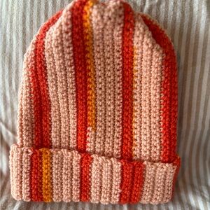 Striped Knit Beanie in Pink and Orange